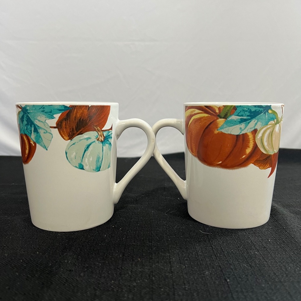 Royal Norfolk Fall Pumpkin Coffee Mugs Set of 2 White Orange Teal Autumn Harvest